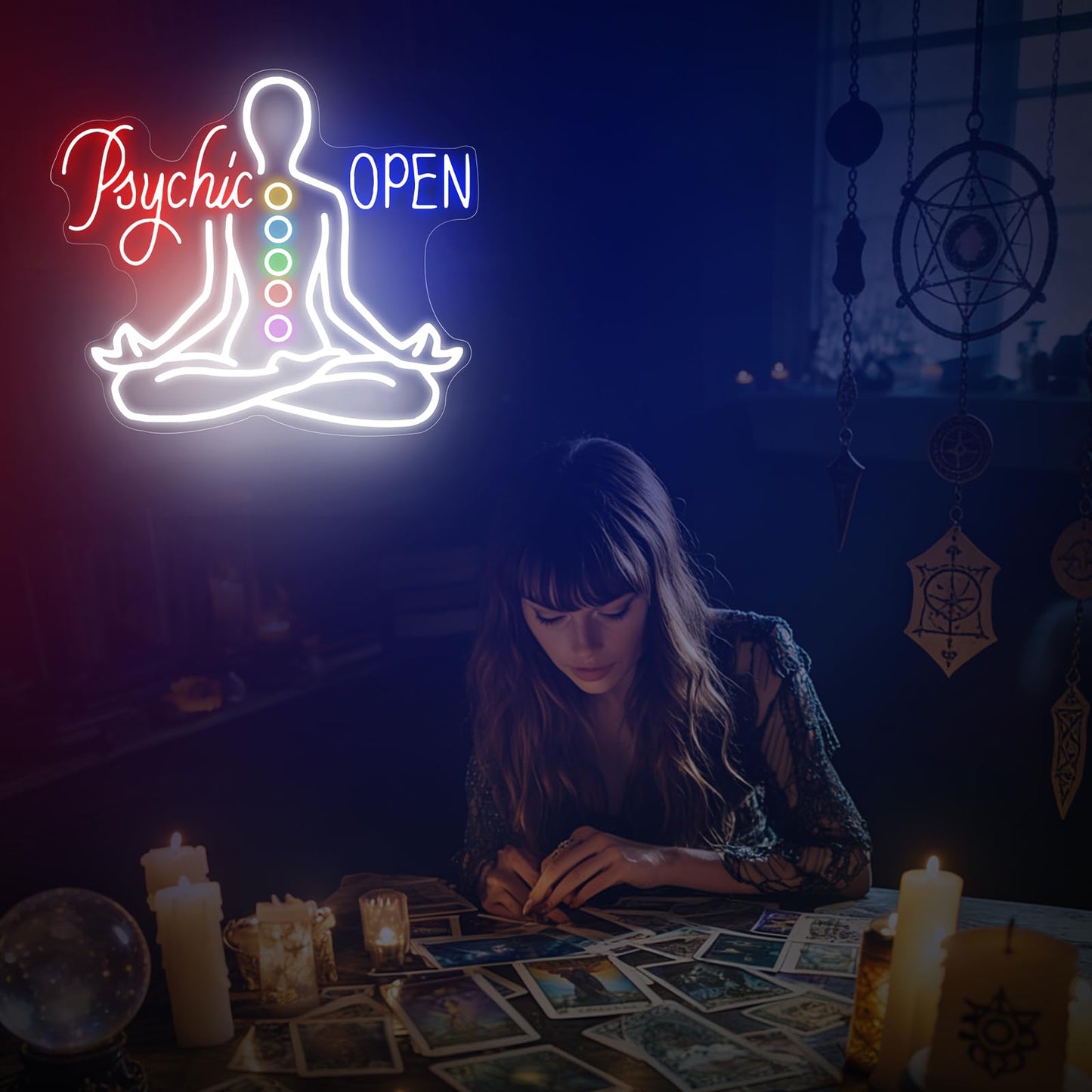 Psychic Open Neon Sign Charka Neon Light, Yoga Led Sign, Exercise Room Wall Decor, Buddha Lotus, Pilates Studio Art Meditation Room Wall Art Yoga Lover Gift, Psychic Chakras Healing Exercise, 20"*x17.3"
