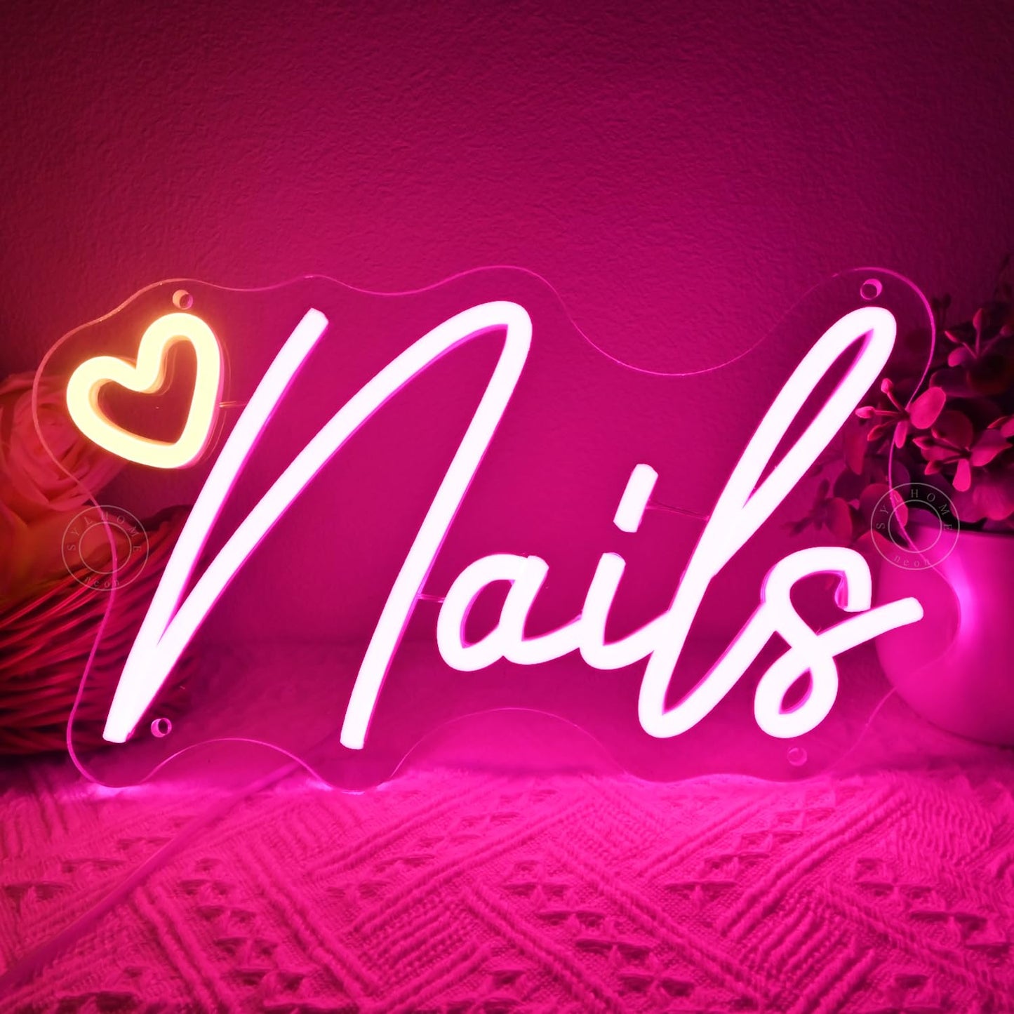 SYLHOME Led Neon Light Sign Nails With Heart Nail Studio Beauty Salon Business Makep Room Wall Sign Decor Birthday Party Backdrop 11.81" X 6.7" USB