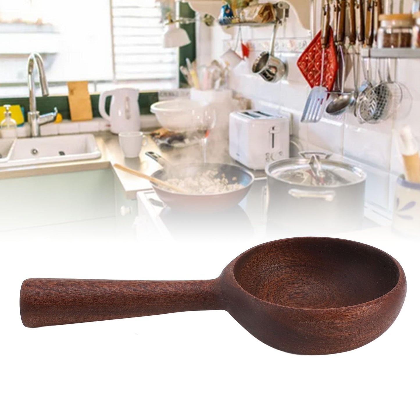 Wooden Water Ladle, 4.3 Inch Large Wood Kitchen Scoop Ladle for Flour Sugar Coffee Beans, Multipurpose Soup Serving Spoon Bath Scoop for Cooking Stirring, Bath Salt, Canisters Flour