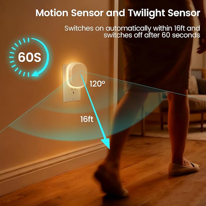 Plug-in LED Backlit Night Light with Motion Sensor & Dusk to Dawn Sensor, 2700K Soft Warm White Nightlight with Dimmable Brightness for Adults & Kids' Bedroom, Bathroom, Hallway, 2 Pack