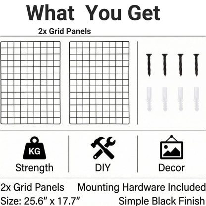 Kaforise Wire Wall Grid Panel, Multifunction Painted Photo Hanging Display and Wall Storage Organizer, Pack of 2, Size 25.6x17.7inch, Black
