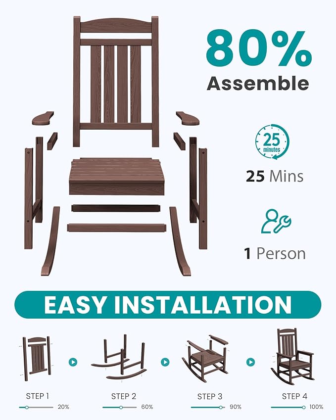 SERWALL HDPE Outdoor Rocking Chair Set of 4, Oversized Patio Rocking Chairs, All-Weather Porch Rockers for Adults, Coffee