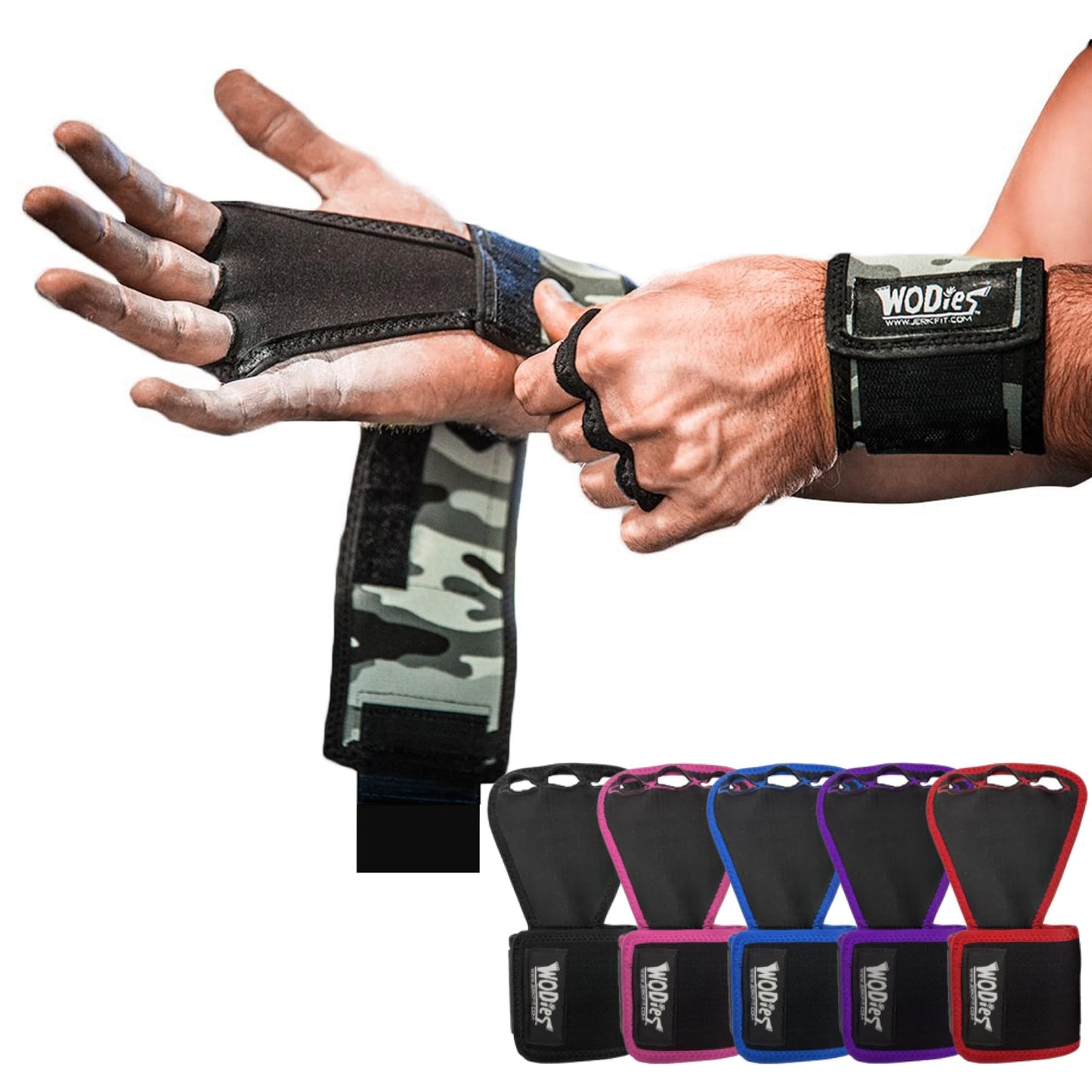 JerkFit WODies Gymnastics & Weightlifting Grips with Wrist Wraps – 3 Hole Versatile Gym Gloves for Pull Ups, Gym Training & Cross Training – Hand Grips Palm Protector for Men & Women