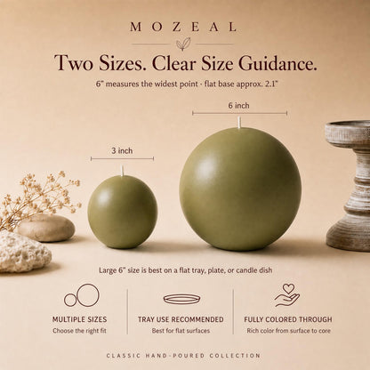 MOZEAL Hand-Poured, 6 Inch Olive Green Large Round Ball Candles - Elegant Olive Green Round Pillar Candles, Dripless, Unscented, Smokeless, Ideal for Autumn Gatherings.
