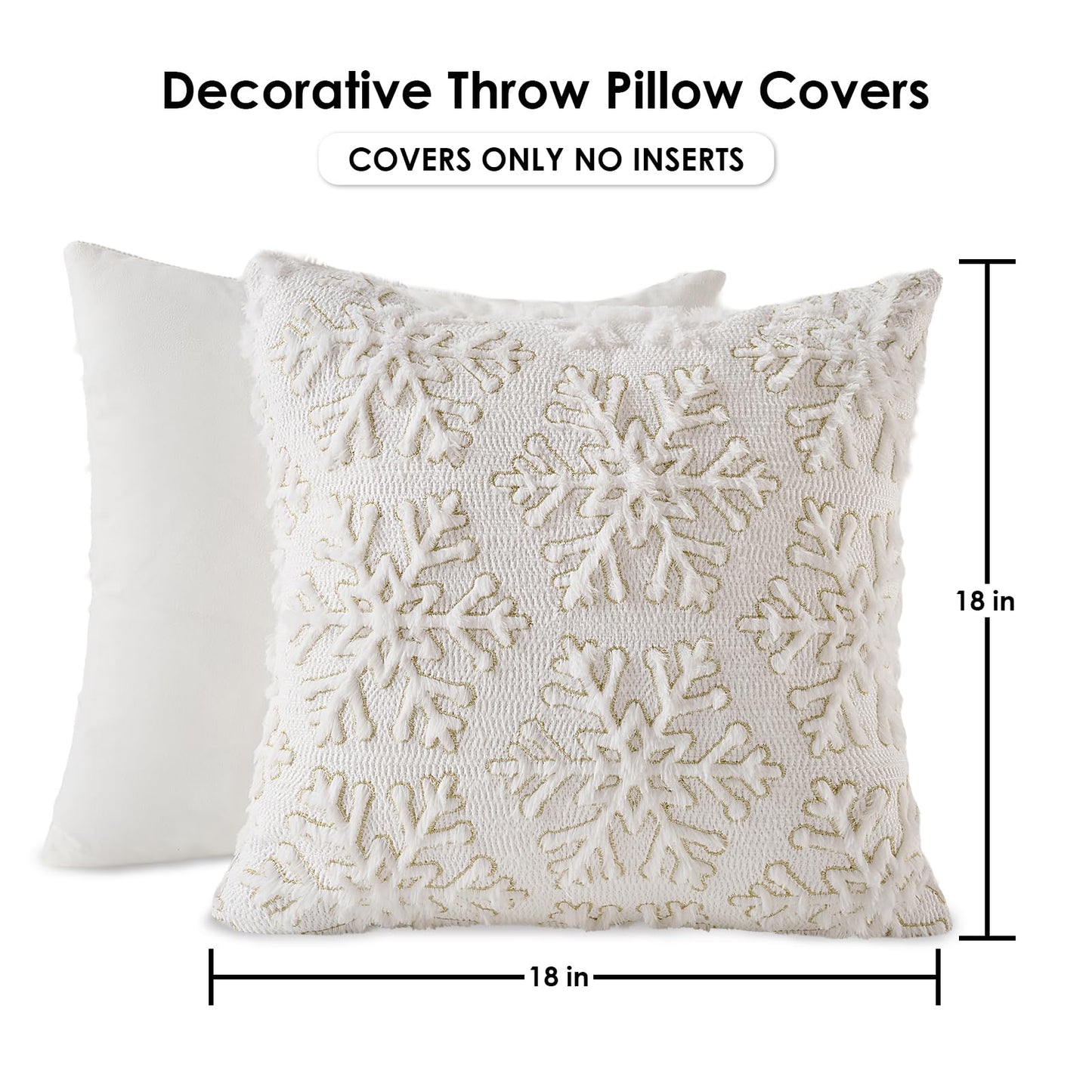 Emvency Christmas Throw Pillow Covers 18x18 Set of 2, White Golden Snowflakes Decorative Pillow Cases Soft Plush Faux Fur Wool Couch Cushion Case for Couch Bed Sofa Living Room Home Decor