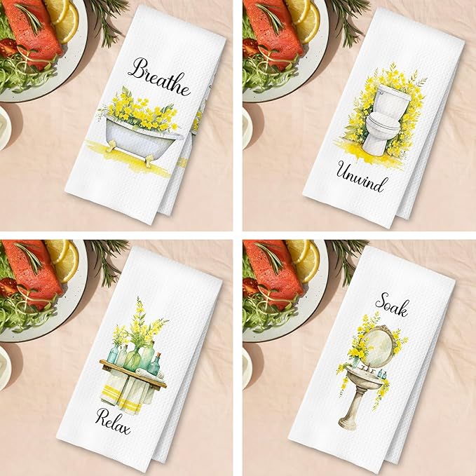 Farmhouse Yellow Botanical Bathroom Hand Towels, Relax Breathe Soak Unwind