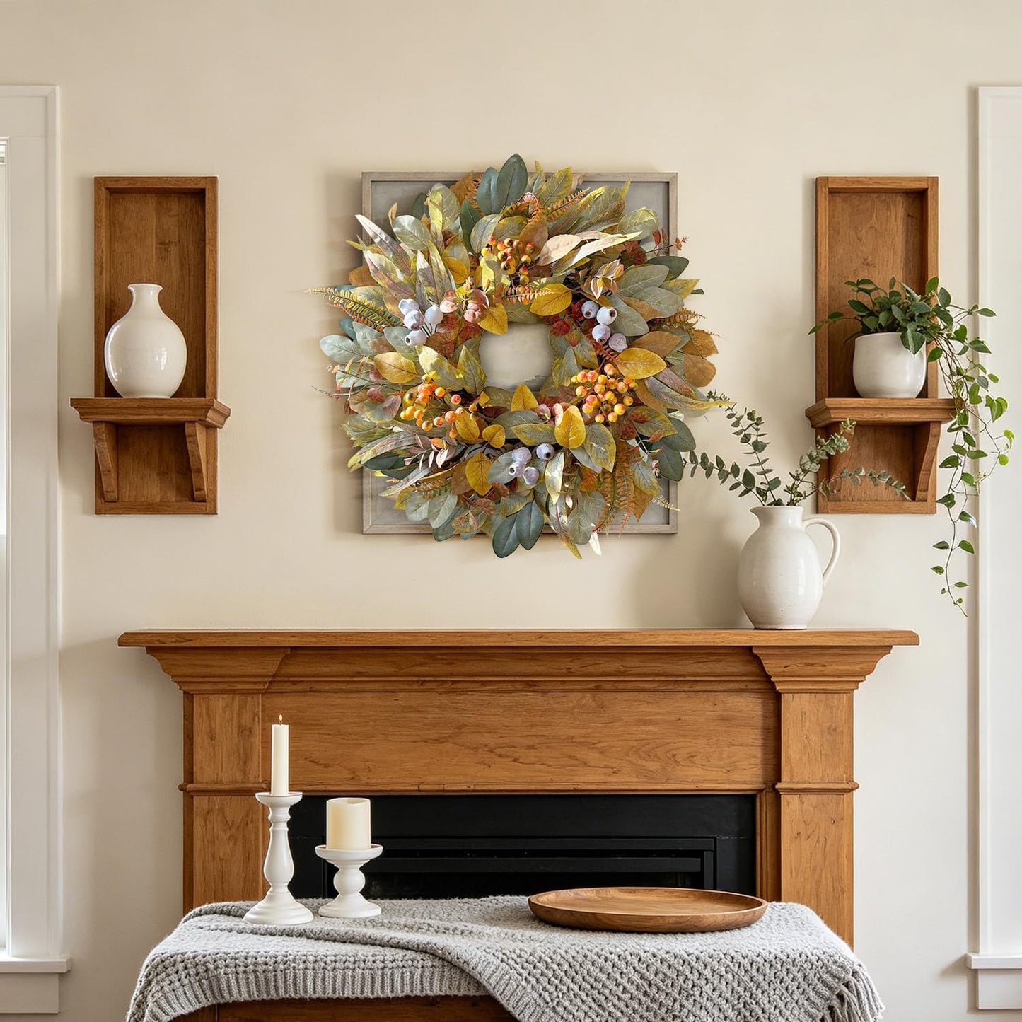 WANNA-CUL 22 Inch Eucalyptus Fall Front Door Wreath Harvest Farmhouse Decor