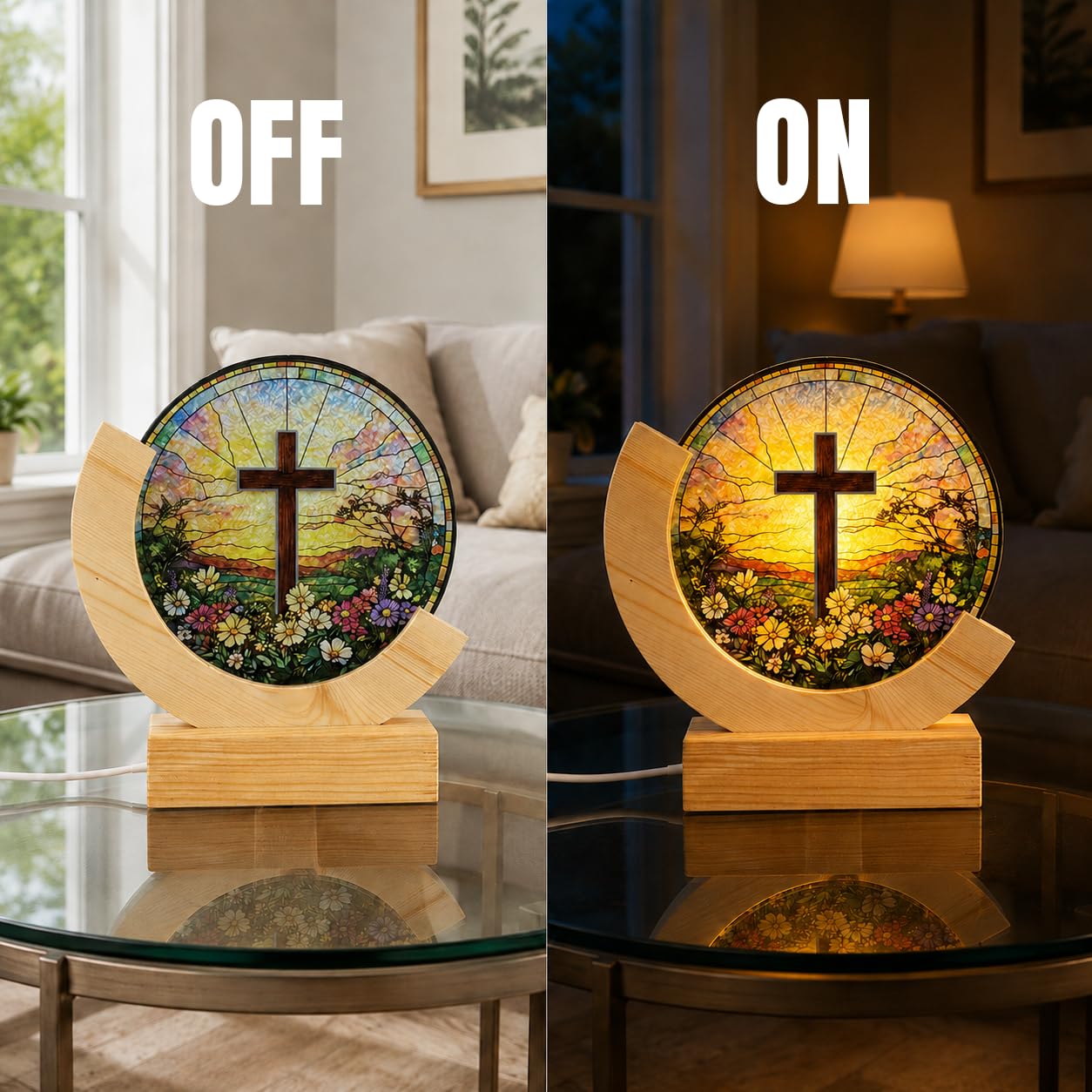 Christian Cross Stained Glass Night Light – Warm LED Glow, USB Powered, Solid Acrylic Plate with Wooden Base – Religious Home Decor Gift for Mom, Women, Christians, Easter, Christmas, Mother's Day