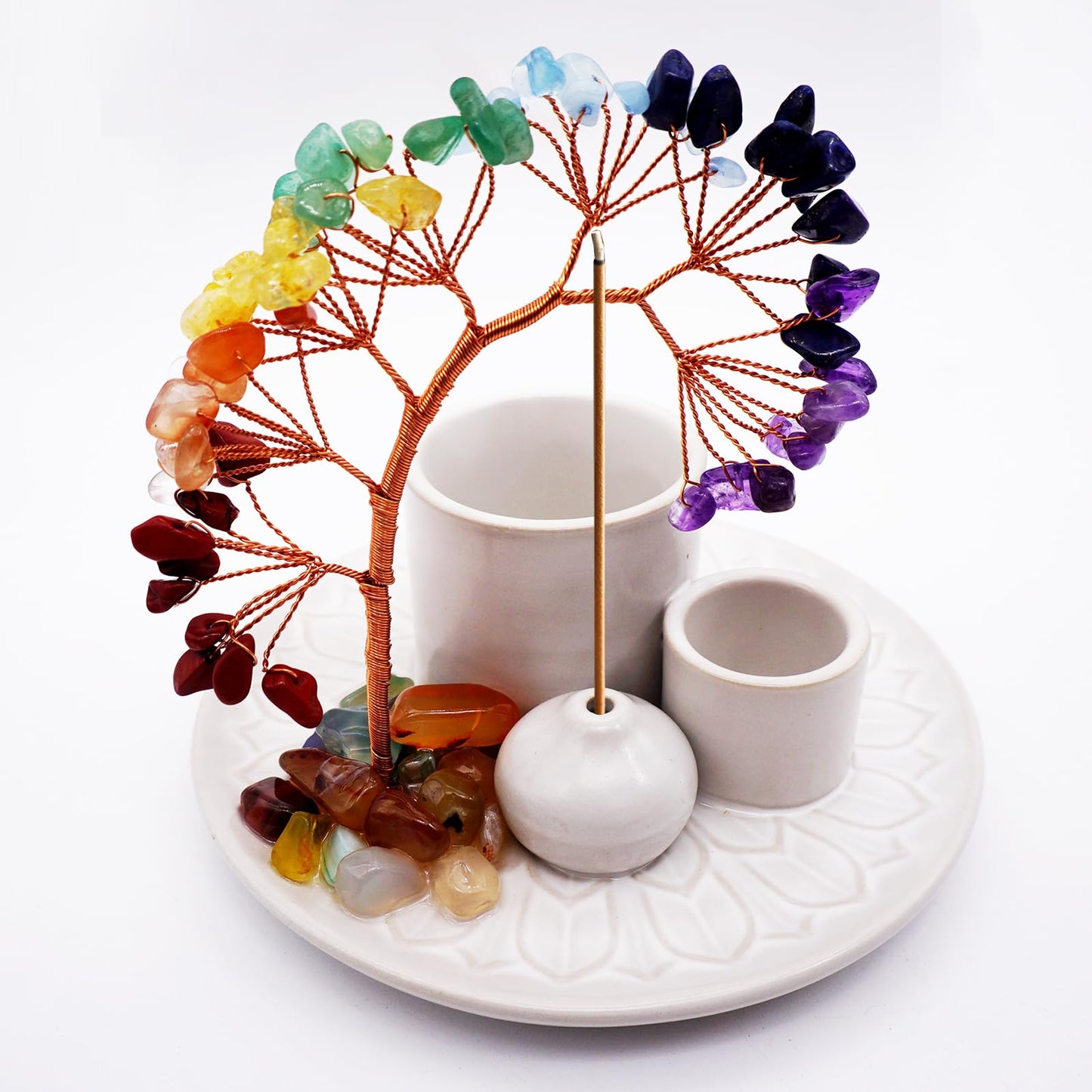 5 in 1 Incense Burner Holder with Crystal Healing Tree, Palo Santo Holder, Sage Holder, Incense Holder for Sticks/Cones/Candles, Ceramic Tray Ash Catcher for Burning Incense, Meditation Gift (White)