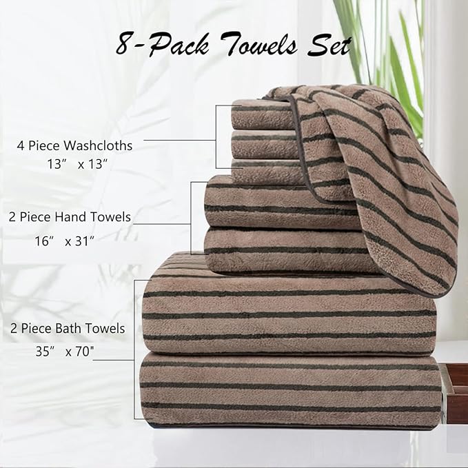 8 Pcs Polyester Brown Cabana Stripe Large Bath Towel Set-2 Bathroom Towels