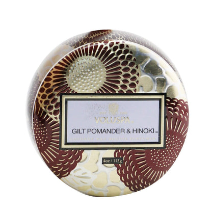 Voluspa Gilt Pomander & Hinoki Candle | Mini Tin | 4 Oz. | 25 Hour Burn Time | Coconut Wax for Clean Burning