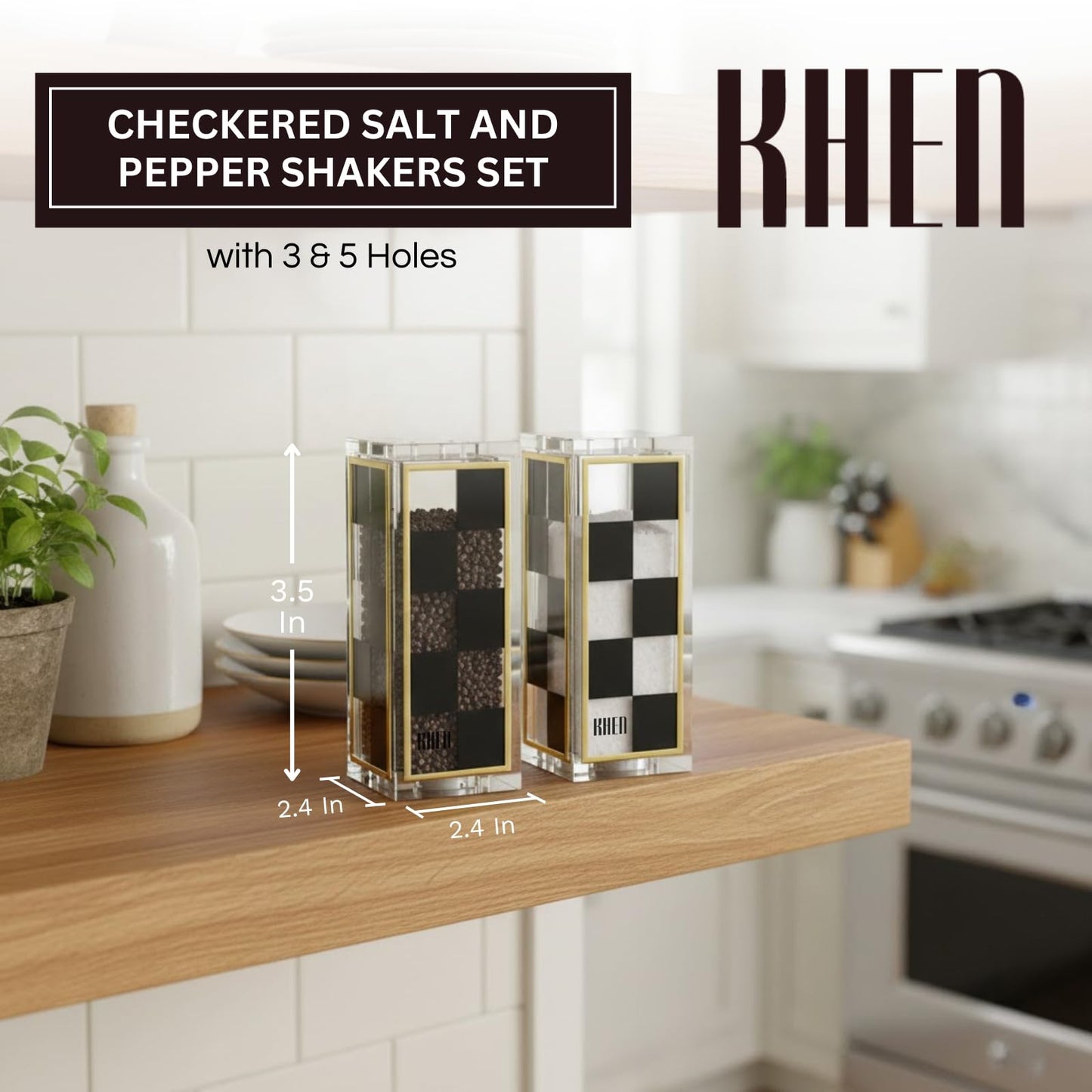 Black and White Checkered Salt and Pepper Shakers Set - Luxurious Lucite Acrylic Square Design - Modern 2.4" x 3.5" Refillable Dispensers - Elegant Kitchen Decor, Dining Table Unique Housewarming Gift