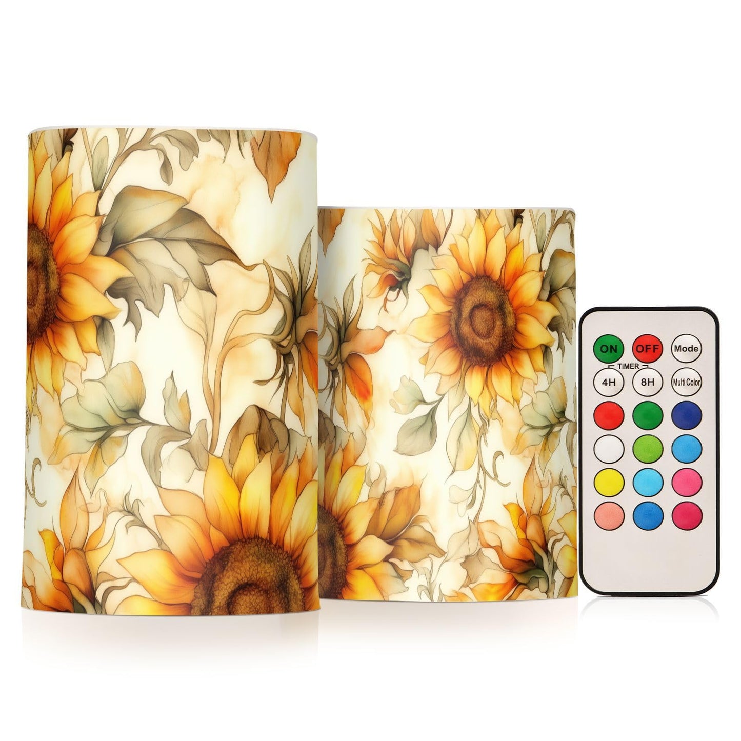 WEVIBOFU Painting Sunflowers Flickering Flameless Candles LED Battery Operated with Remote Timer Pillar Candles for Home Birthday Wedding Christmas Decor, Set of 2