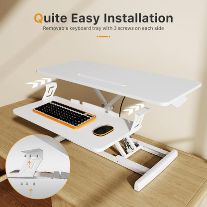 JOY worker Standing Desk Converter, 35" Wide Height Adjustable Sit Stand Up Desk Riser with Keyboard Tray, Desktop Workstation Riser for Home Office Computer Laptop, Particle Board, White