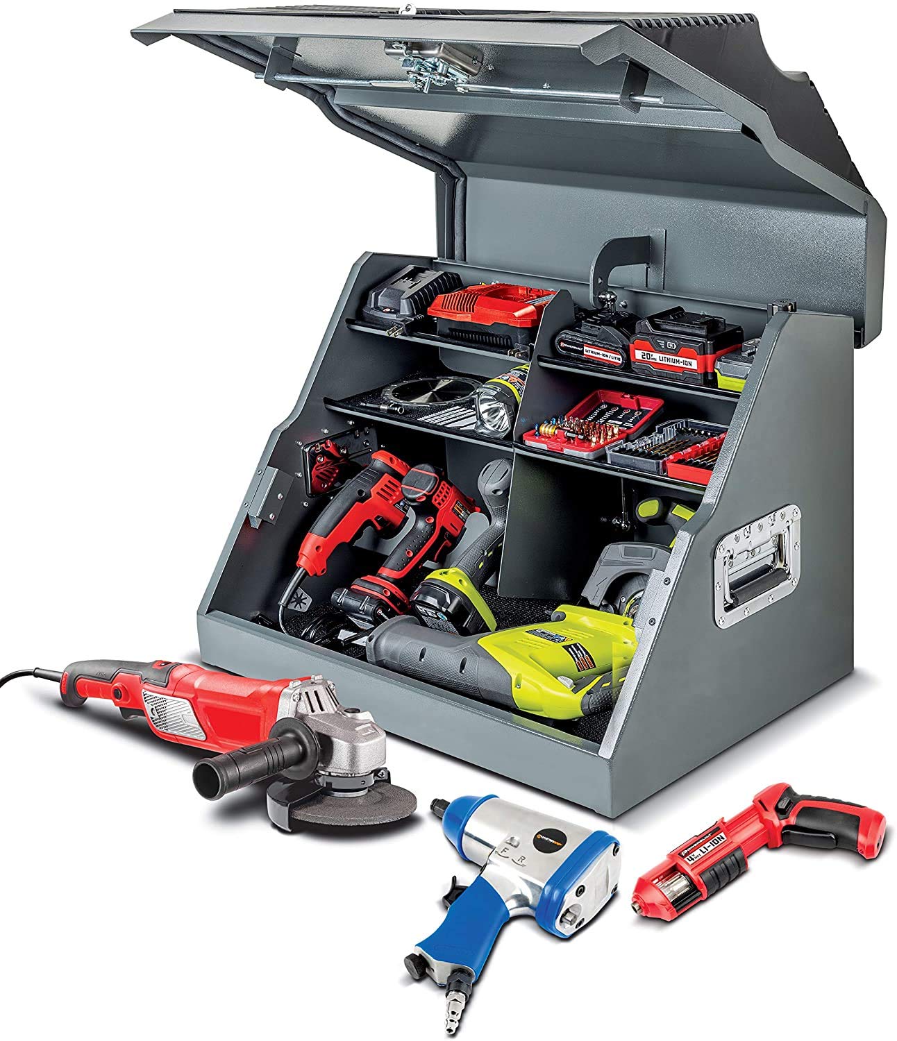 Powerbuilt 26 In. Portable Slant Front Power Tool Locker Toolbox with Power Drill Slots, Storage Compartments, 16 Ga. Steel, Chrome Hardware, Weather-Resistant Locking Polymer Lid, Gas Struts, 941805E