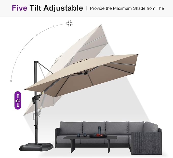PURPLE LEAF 10 Feet Square Cantilever Umbrella Patio Umbrella with Base Outdoor Umbrella Aluminum Offset with 360-degree Rotation for Garden Deck Pool Patio Taupe