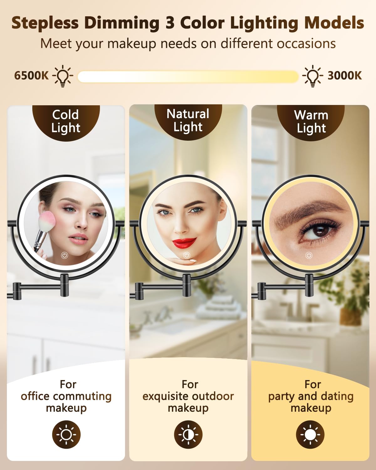 ALHAKIN 9" Wall Mounted Lighted Makeup Mirror, Large Rechargeable 1X/10X Magnifying Mirror with 3 Color Lights Dimmable, 360° Rotation, Nickel