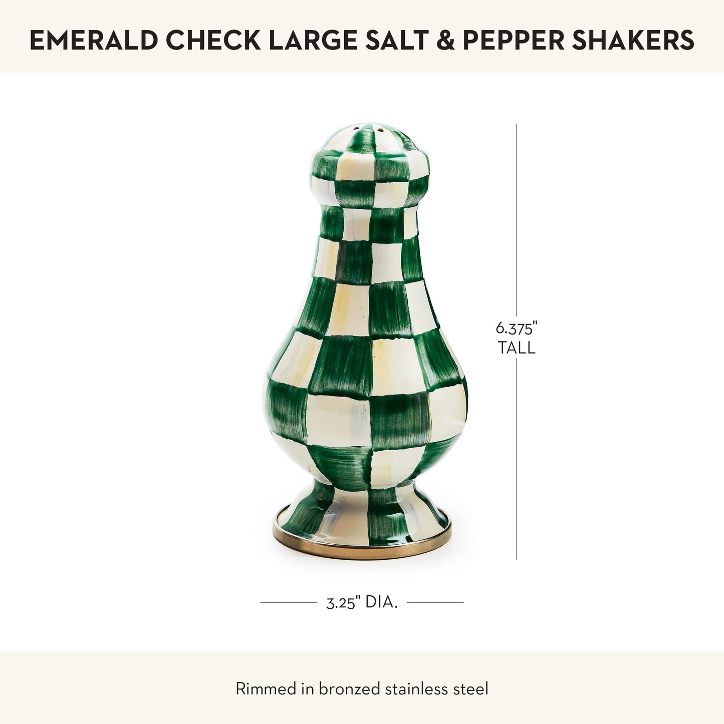 MACKENZIE-CHILDS Enamel Salt and Pepper Shakers, Kitchen Table Spice Shaker Set, Green-and-White Emerald Check, Large