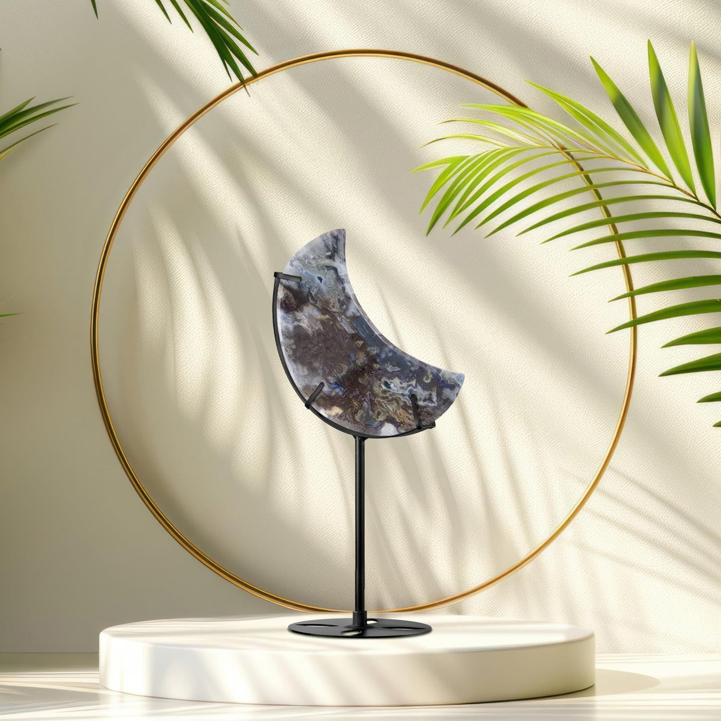 Moxweyeni 2 Pcs Crystal Moon Stand Adjustable Metal Crystal Display Holder Moon Shaped Small Display Easel Stands for Gemstones Geodes Mineral Agate Home Office Decor(Black)