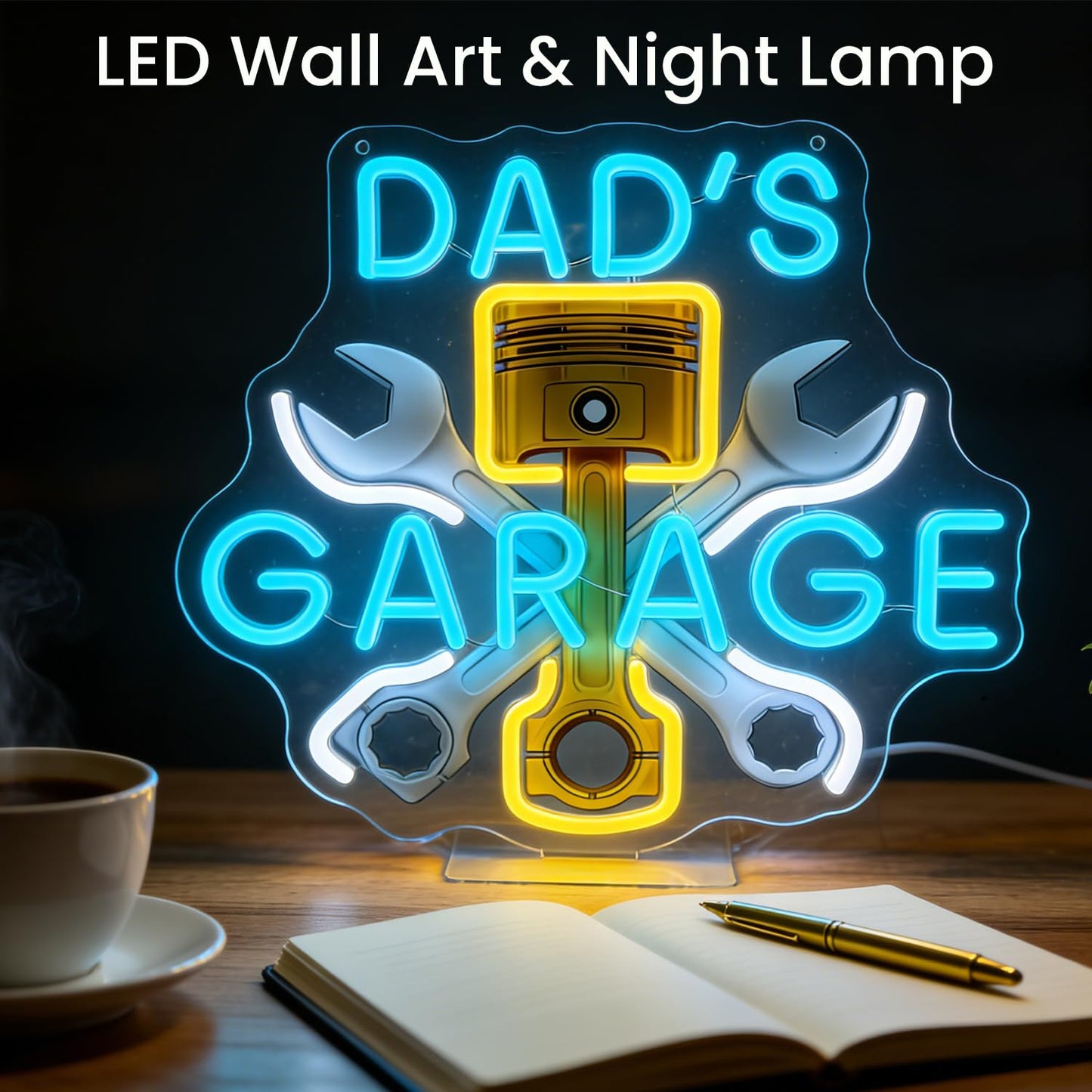 Dads Garage Neon Sign Workshop Light Up Signs Lighted Car Neon Signs with Base for Bedroom Dorm Garage Man Cave Home Bar Theater Game Room Repair Shop Wall Tabletop Decor Art Gifts