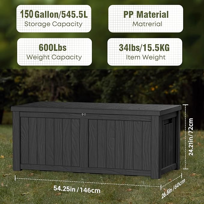 EasyUp 150 Gallon Outdoor Storage Box, Resin Waterproof UV-Resistant Deck Box with Hydraulic Lid Support, Reinforced Stability for Patio, Garden, and Poolside, Black