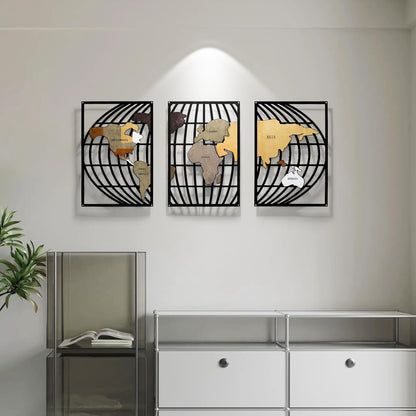 FIXNEO Metal Wall Art 3 Piece World Map Wall Art for Living Room Modern Globe Pictures Design Decor for Living Room Home Bathroom Office (World Map, 31.8"*15.74")