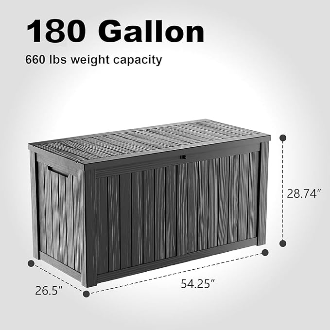 DRATO 180 Gallon Outdoor Storage Box, Large Waterproof Deck Box, Lockable Resin Storage Container with Reinforced Support for Patio Cushions, Garden Tools, UV-Resistant Outdoor Chest（Black，180 Gallon）
