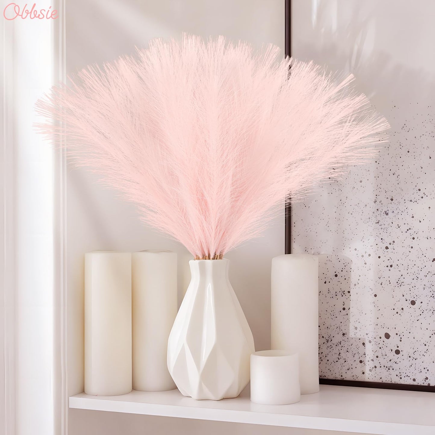 obbsie 50pcs Pink Faux Pampas Grass Decor, 21.6" Short Artificial Floral Branches Vase Filler Flower Arrangement for Home Wedding Boho Outdoor Decor