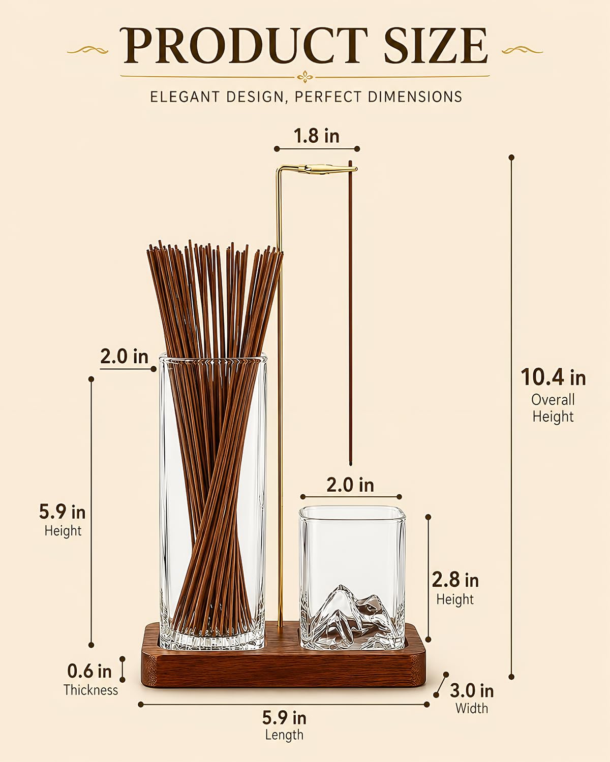 Incense Holder for Sticks, 2 in 1 Glass Incense Burner with Storage, Solid Sapele Wood Base, Removable Mountain Ash Catcher, Vertical Windproof Stand for Outdoor, Meditation (Dark Walnut)