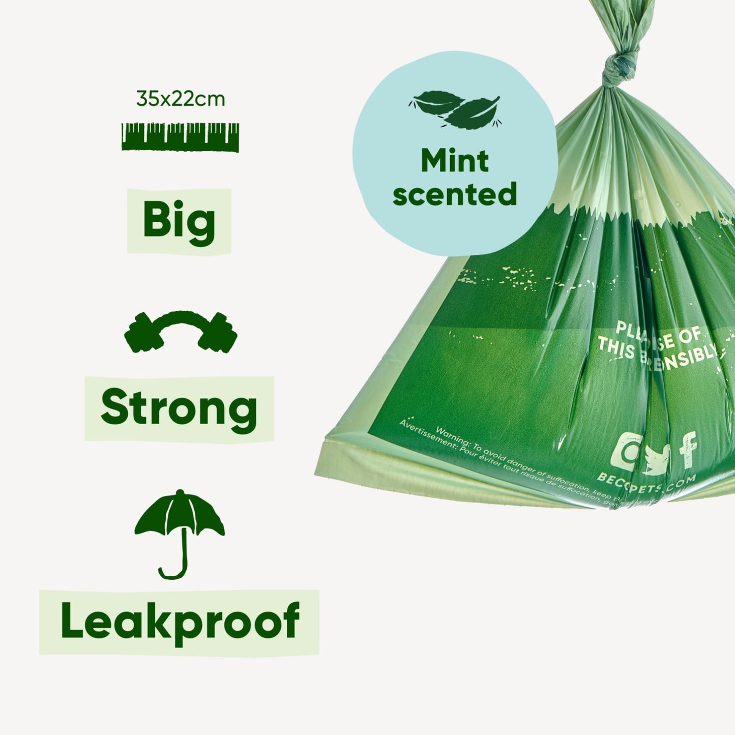 Beco Dog Poop Bags Rolls - Strong & Large - 120 Bags (8 Rolls of 15) Mint Scented, Dispenser Compatible for Dog Waste