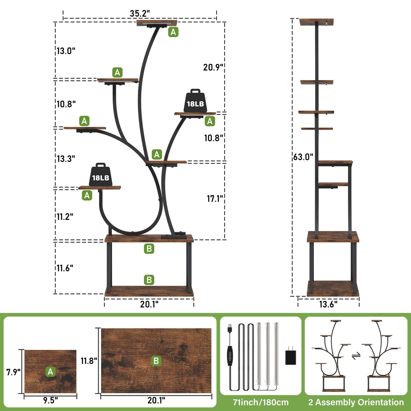 Plant Stand Indoor with Grow Lights - Lighted Plant Shelf Indoor, 63" Tall Plant Stands for Indoor Growing, 8 Tier Corner Flower Display Shelf, Large Tree-Shaped Holder for Living Room Bedroom Black