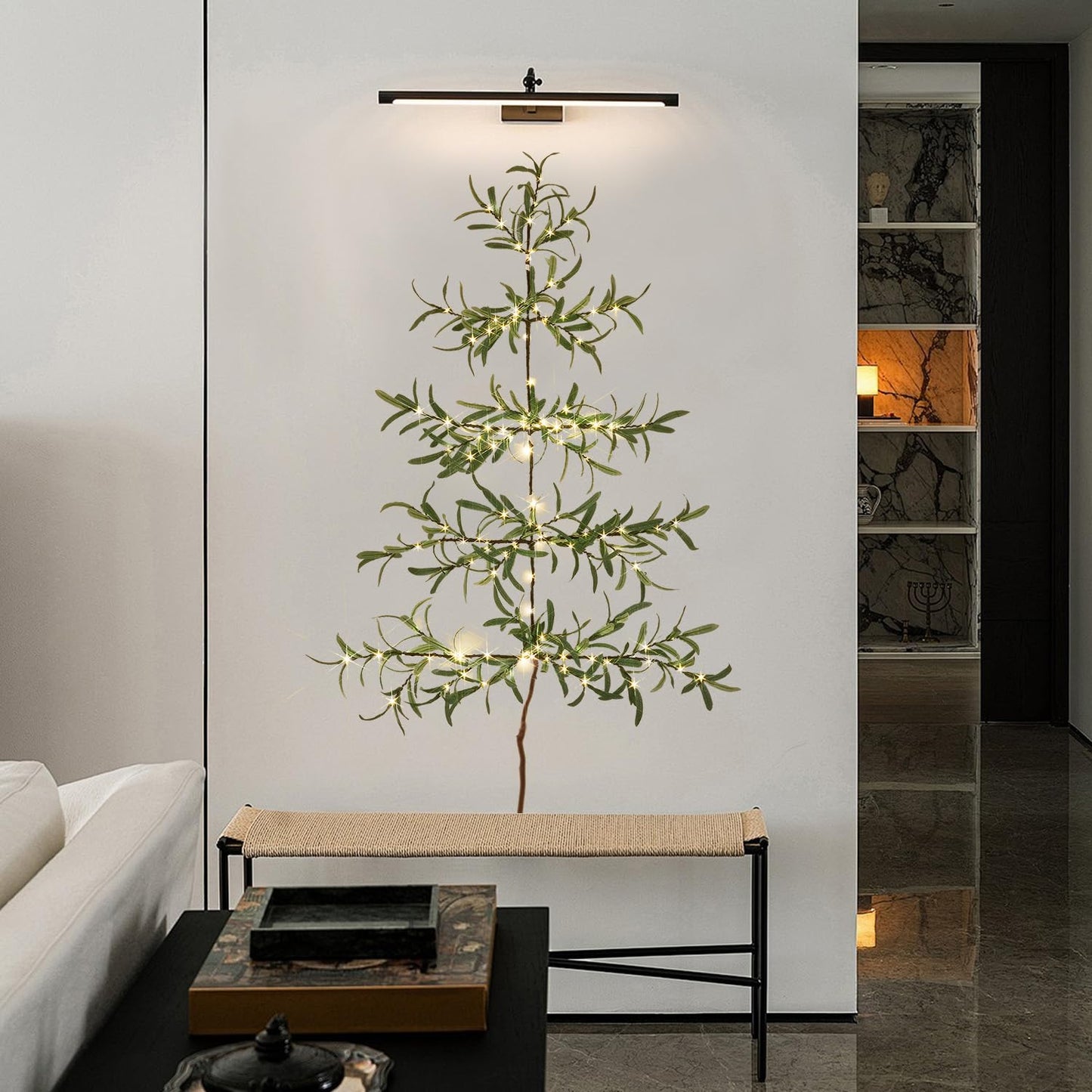 Fudios Olive Wall Christmas Tree with Lights 140 LED 3.5FT Prelit Hanging Greenery Branch Garland with Timer for Home Window Christmas Holiday Decoration