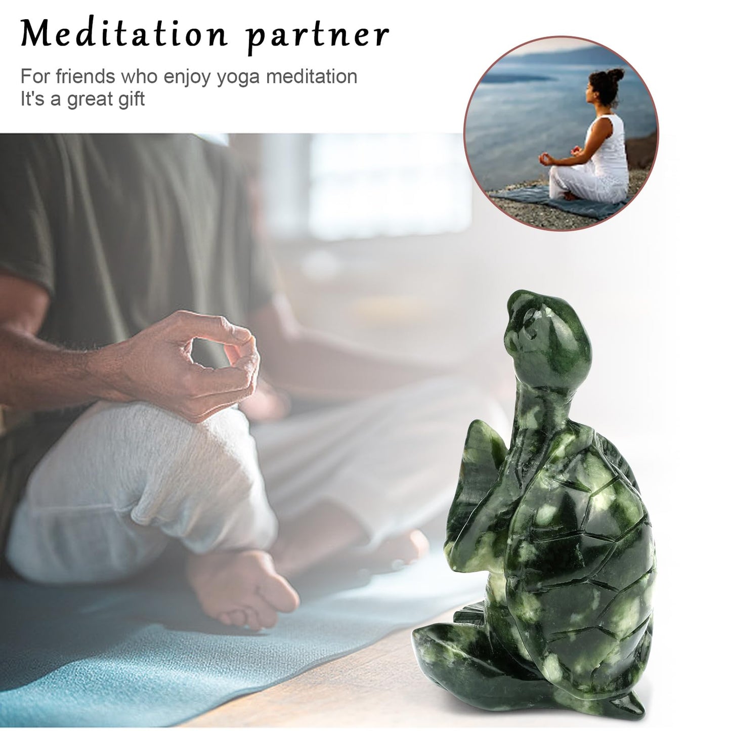 gemshan Jade Turtle Statue for Decoration - Hand Carved Healing Crystal Figurine for Office Desk, Beach House Decor & Feng Shui Gifts
