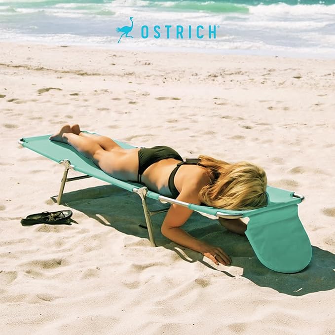 Ostrich 4-Position Outdoor Chaise Lounge w/Face Cushion & Arm Holes, Teal - Lightweight Folding Lounger w/Adjustable Reclining Backrest, Portable w/Carry Strap, 250 lb Weight Capacity