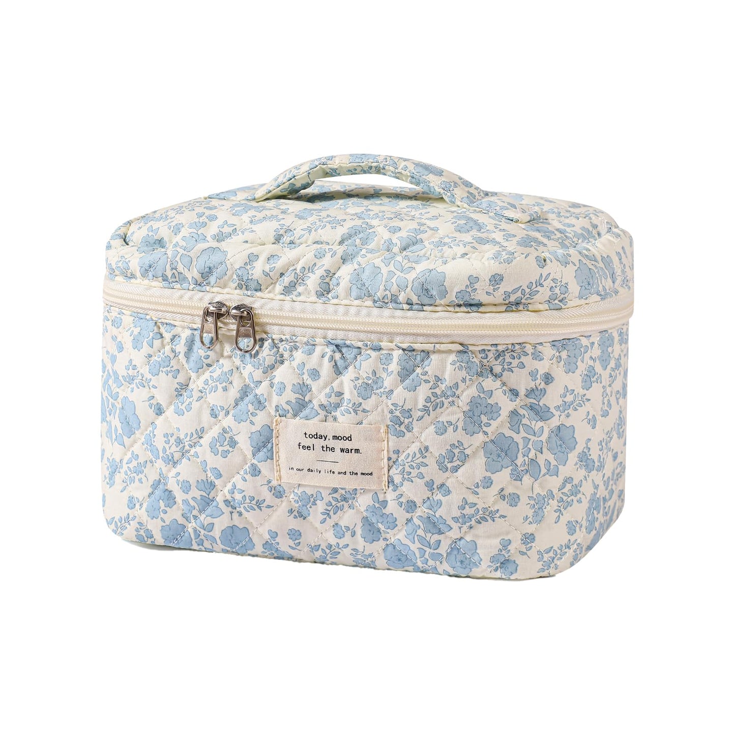 uekeboag Large Travel Quilted Makeup Bag for Women, Floral Cotton Cosmetic Bag, Coquette Aesthetic Floral Toiletry Organizer Bag (01Lithtblue-flower)