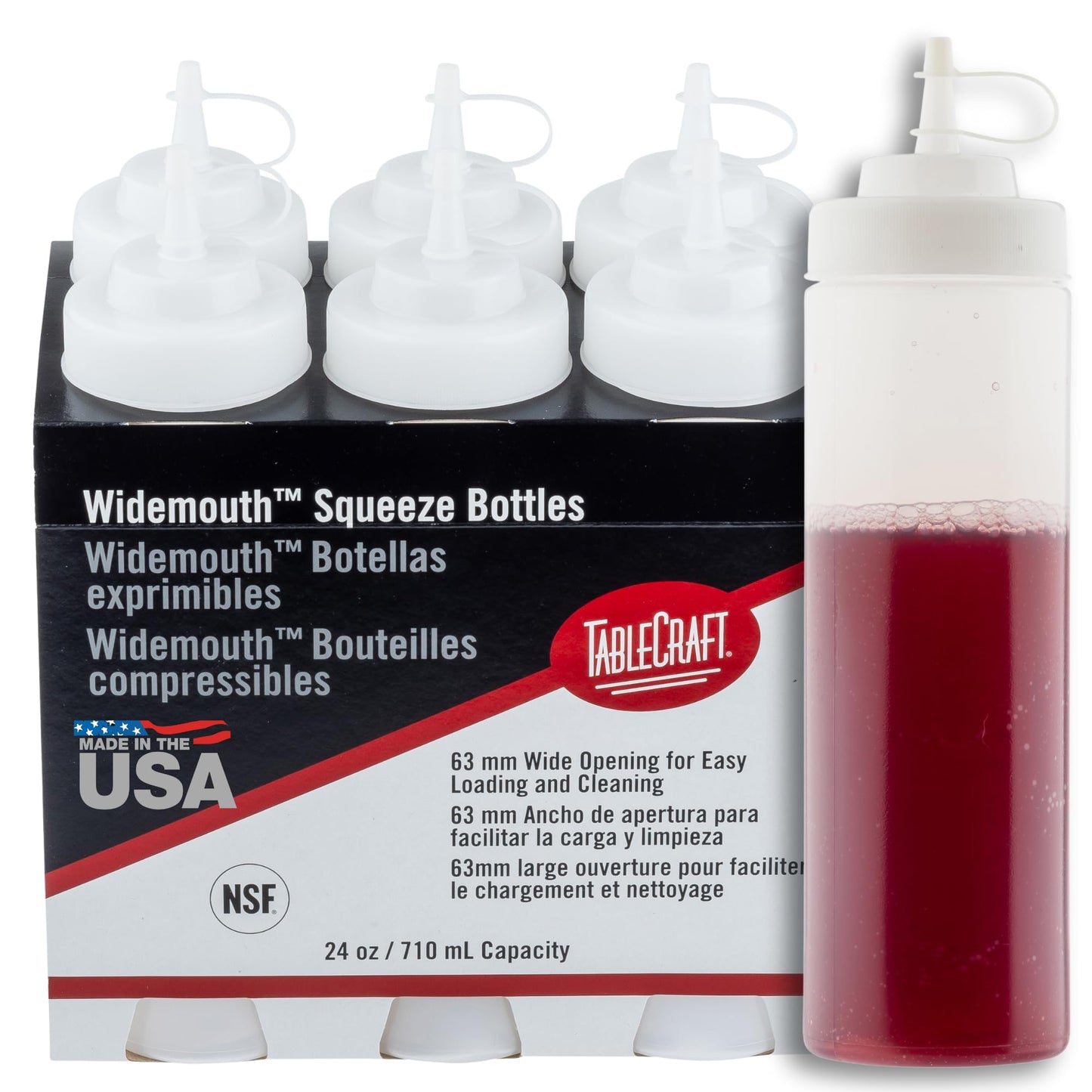 TableCraft 12633 Widemouth Condiment Squeeze Bottles, 63 mm Opening, Cone-Tip Top, Tethered Cap, Clear Sauce Dispensers for Food Prep, 24 oz (710 mL), NSF, Made in USA, Pack of 6,2.75"x2.75"x10.375"