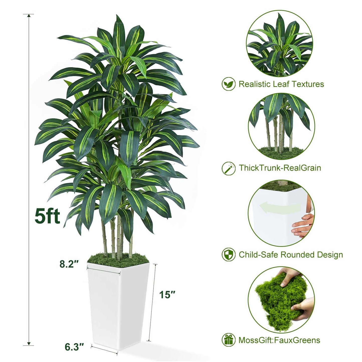 Keeplush 5FT Artificial Dracaena Tree - High-Density Foliage Fake Plant with White Tall Planter - Faux Yucca Floor Plant for Home Office Decor Indoor