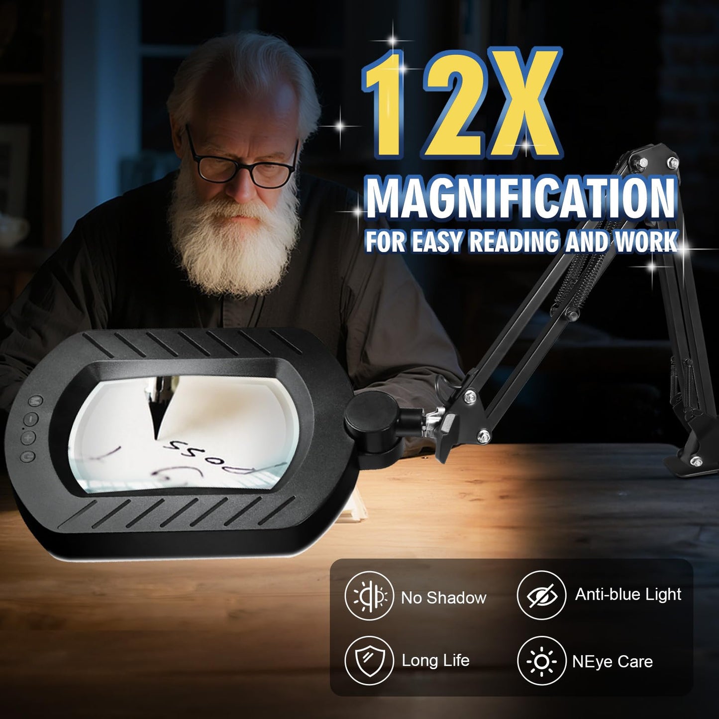 12X Square Magnifying Glass with Light and Stand with 144 LEDs Brightness, 5 Color Modes Hands Free Lighted Magnifying Glass, 10 Dimmable Brightness Magnifying Desk Lamp for Close Work Craft Reading