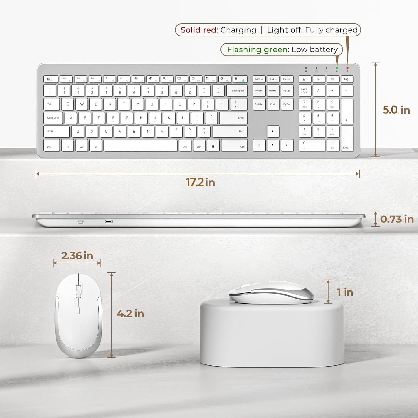 seenda Rechargeable Wireless Keyboard and Mouse, SK38-3 Ultra Slim Quiet USB Keyboard and Mouse Set for Windows Laptop PC, Full-Size QWERTY UK Layout, Silver and White