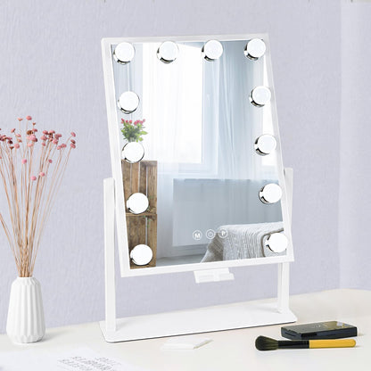 Lighted Makeup Mirror Hollywood Mirror Vanity Mirror with Lights, Touch Control Design 3 Colors Dimable LED Bulbs, Detachable 10X Magnification, 360°Rotation, (White) 12" L x 14" W