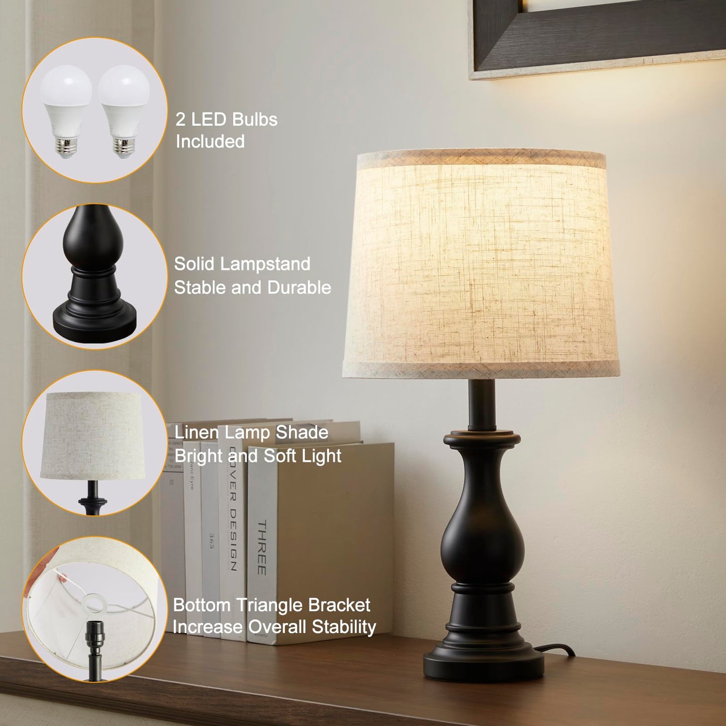 Hikczc Vintage Table Lamp for Living Room Bedroom, 18.5" Farmhouse Bedside Lamps Nightstand Lamp Set of 2, Table Lamps with Oatmeal Linen Lamp Shades, 2 LED Bulbs Included, Black