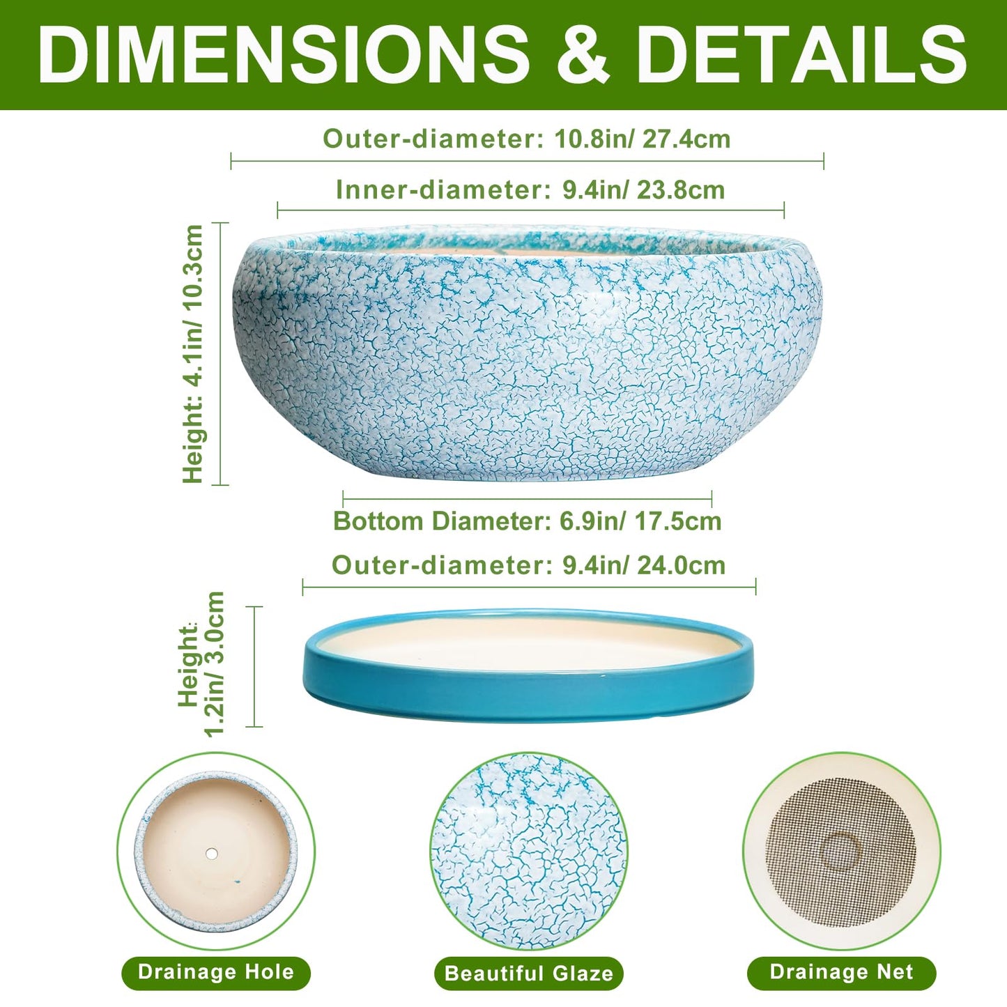 EPFamily Bonsai Pots 10 Inch - Shallow Ceramic Planters for Indoor Outdoor, Succulent Pots with Drainage Hole and Saucer, Round Planter Bowl, Succulent Planter, Garden Decor, Housewarming Gifts, Blue