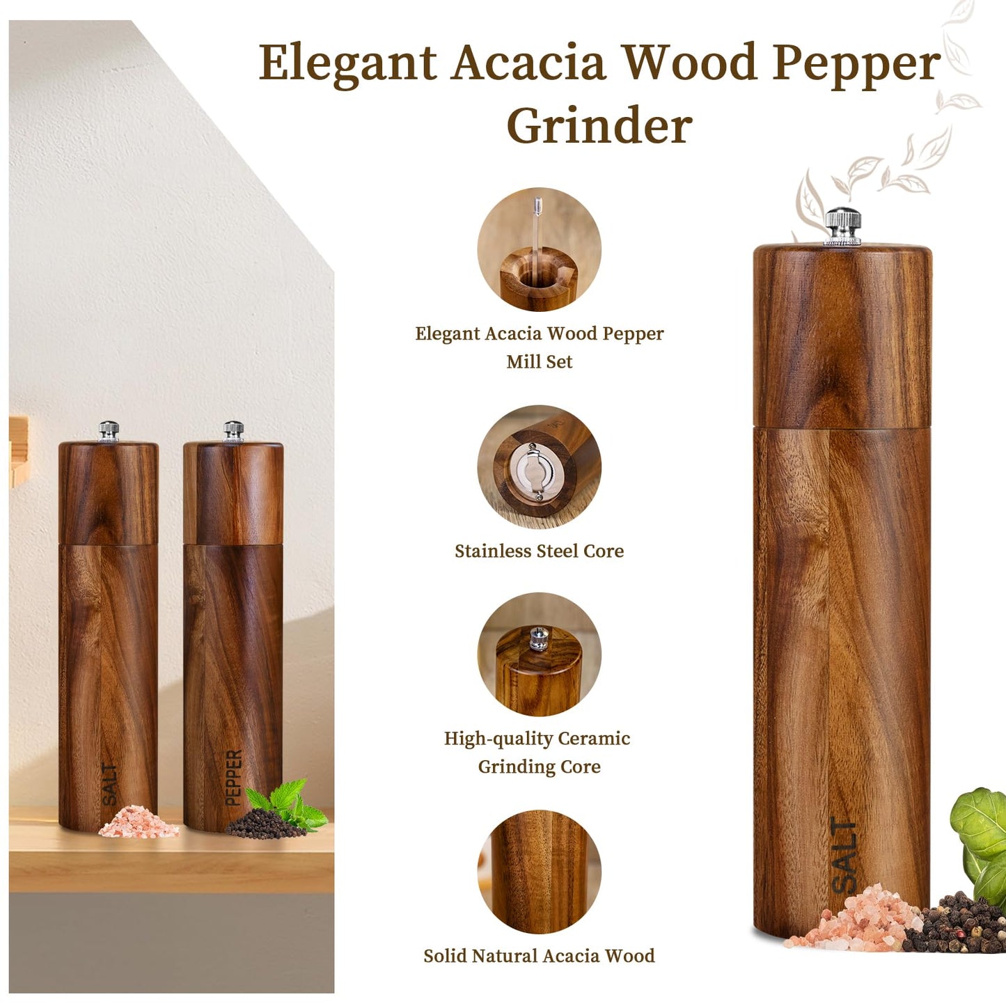 XWXO 2 Pack Acacia Wooden Salt and Pepper Grinder Set 8 Inches Refillable Salt and Pepper Mills Adjustable Coarseness, Acacia Wood with Ceramic Core Peppercorn Shaker Tableware Birthday Gifts