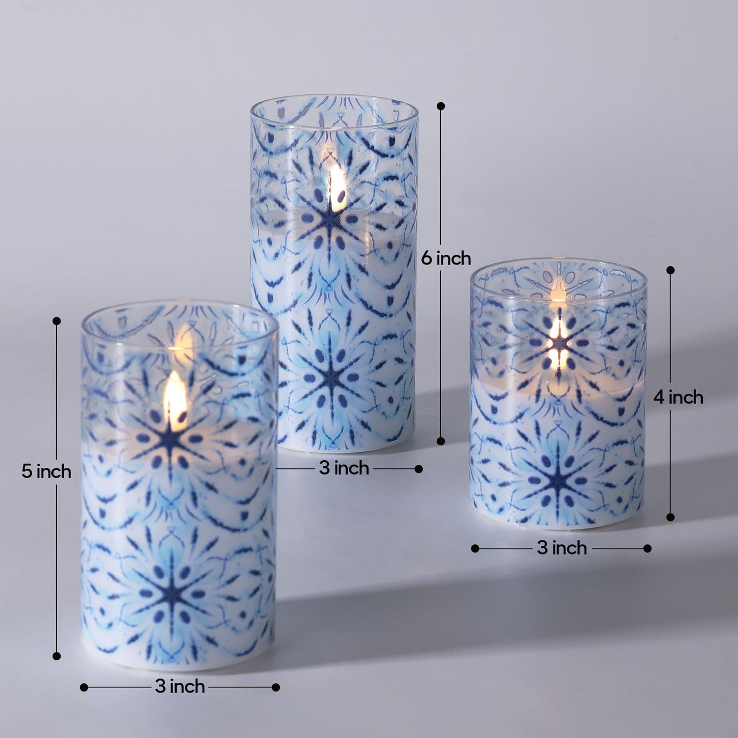 Eywamage Blue Snowflakes Glass Flameless Candles with Remote, Christmas LED Pillar Candles Battery Operated Flickering Set of 3