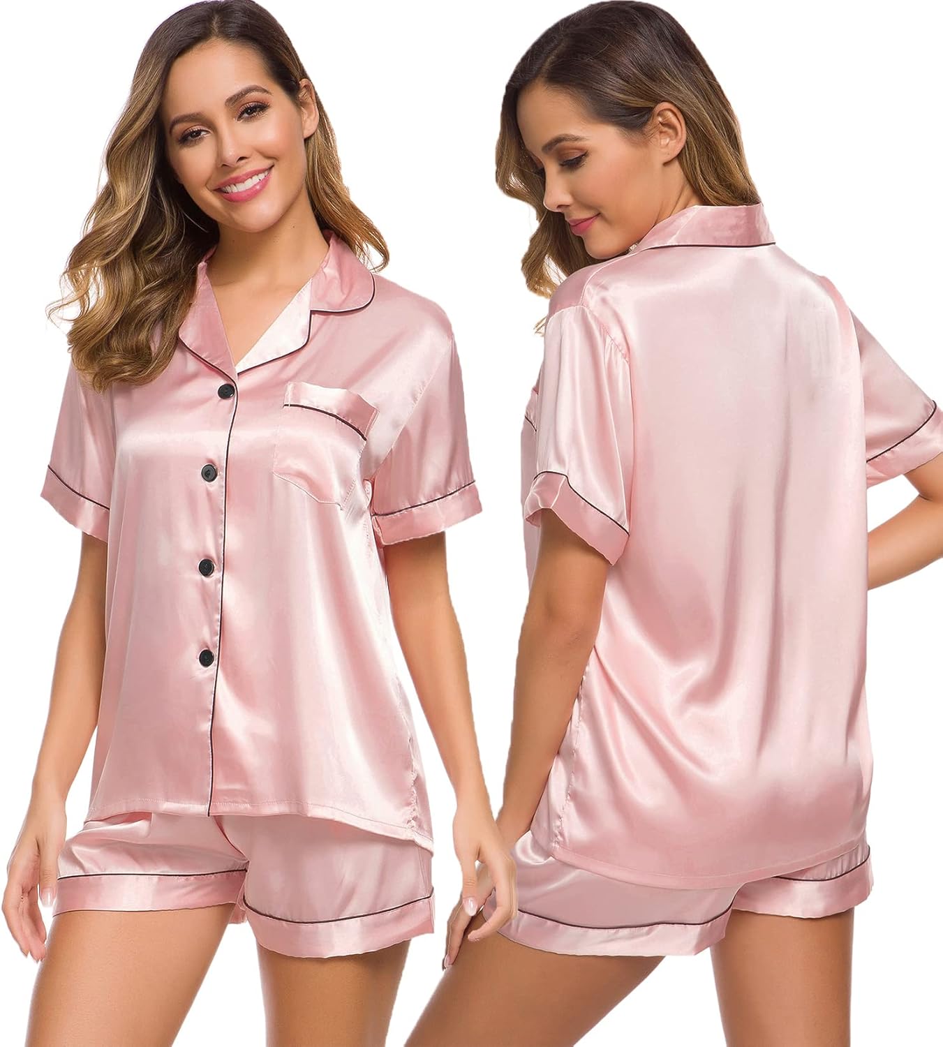 SWOMOG Womens Silk Satin Pajamas Set Short Sleeve Sleepwear Button Down Top and Shorts Loungewear 2 Piece Pjs Set XS-3XL