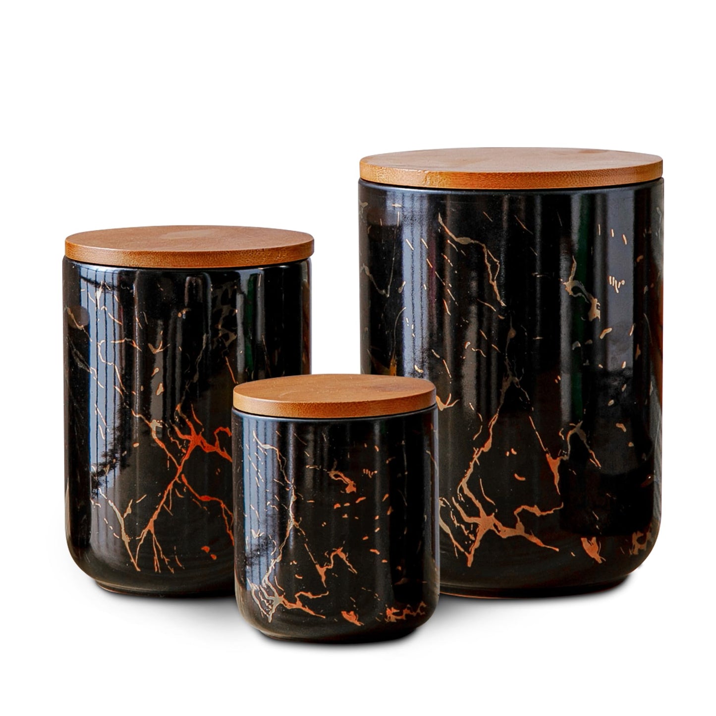 Tenforie Ceramic Canister Set with Bamboo Airtight Lids, 3-Piece Kitchen Storage Jars (48oz, 30oz, 12oz) – Black with Gold Marble Pattern, Glossy Finish, for Coffee, Sugar, Flour & More