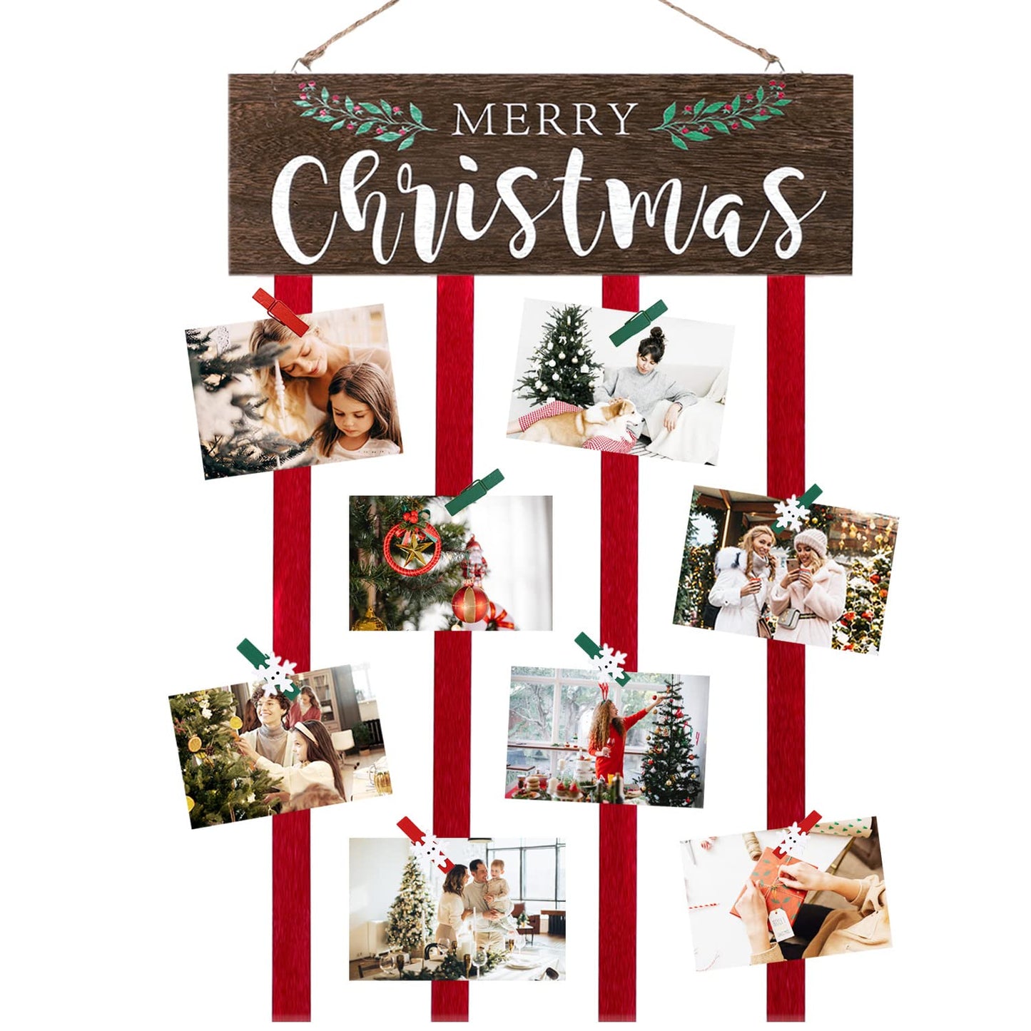 Christmas Card Holder Display, Card Holder Wall Display, Merry Christmas Wooden Decor, Xmas Hanging Picture Holders with 24 Photo Clips, Xmas Decor for Wall Door Window Home