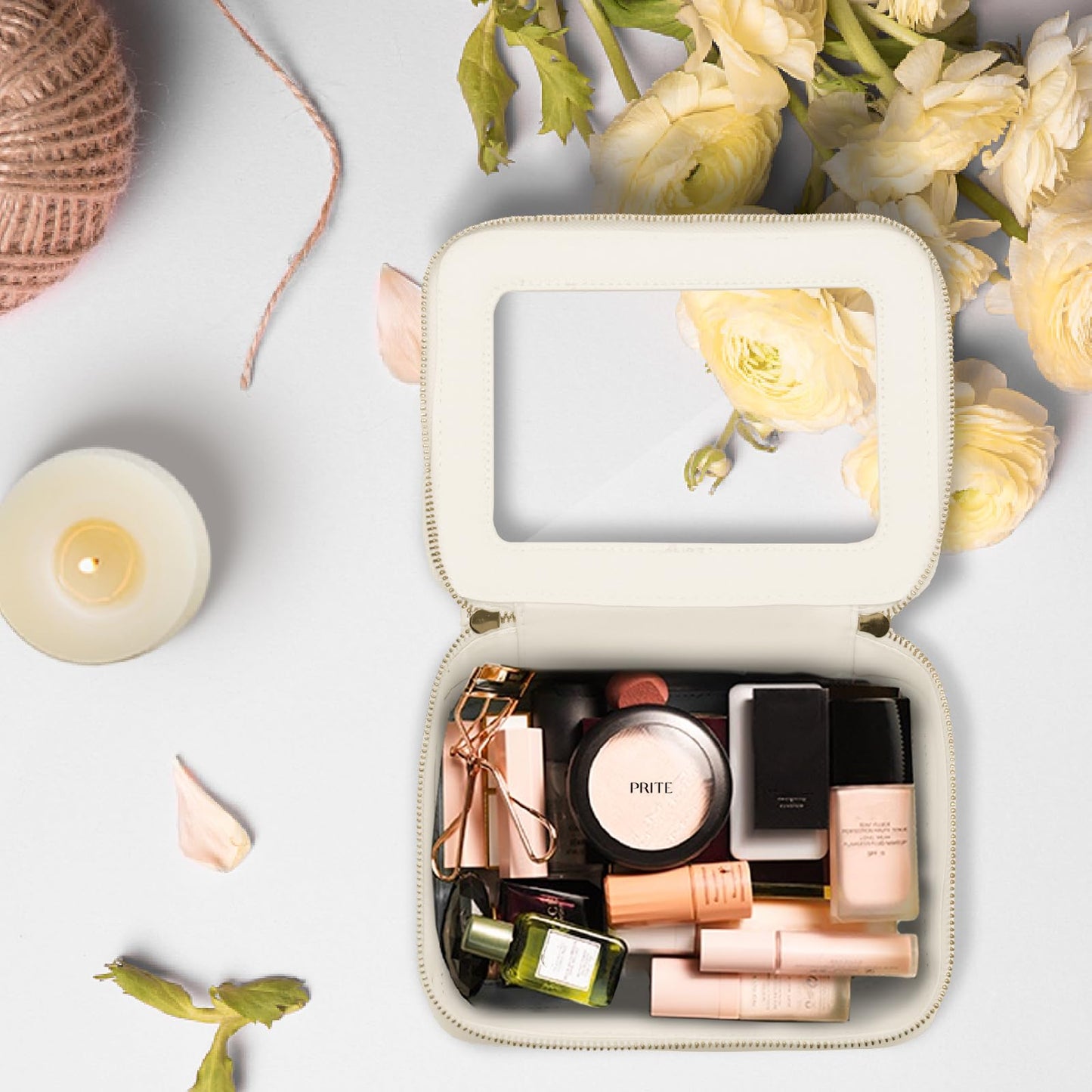 Prite Clear Makeup Bag with Gift Box Waterproof Cosmetic Case Travel Toiletry Bag Car Essentials with Double Zippers (Beige)