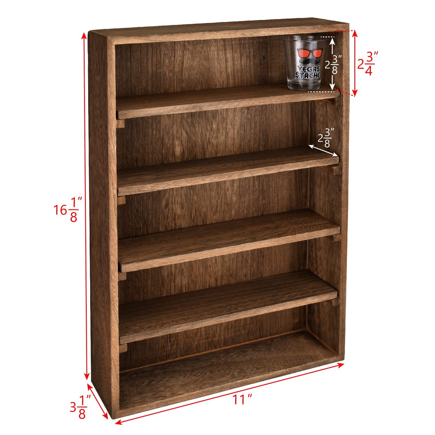Ikee Design Wooden Wall-Mounted Display Shelves Rack for Collectibles-Figures,Shot Glasses,Spice Can,Cosmetics or Perfume-5 Adjustable Height Shelves,Space-Saving- Brown Color