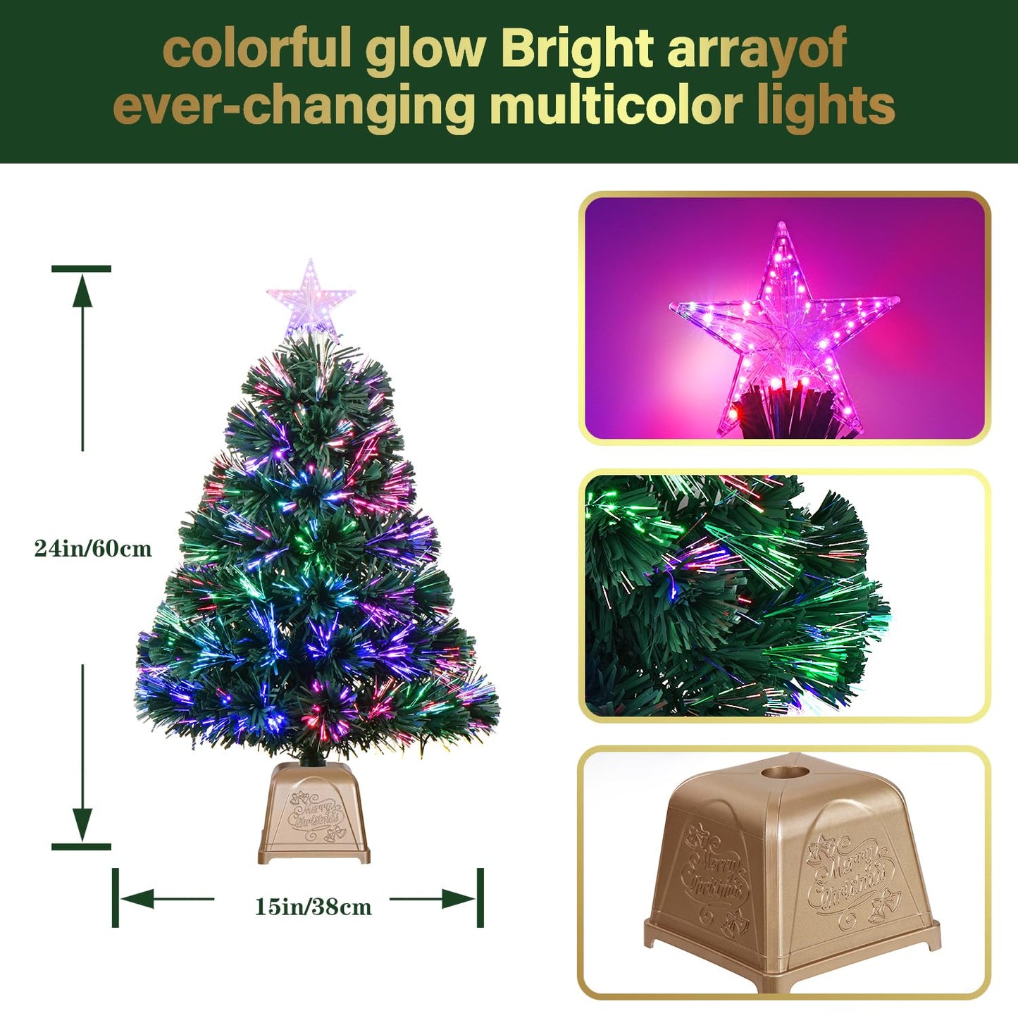 24inch Green Fiber Optic Christmas Tree,Pre-Lit Artificial Mini Christmas Tree, Tabletop Small Xmas Tree with Stars Holiday Home Decorations